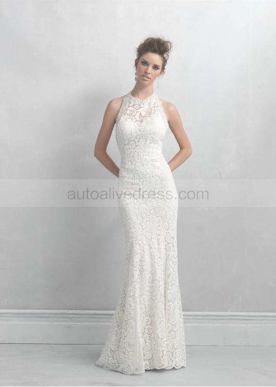 Halter Neck Backless Ivory Lace Long Beaded Wedding Dress 